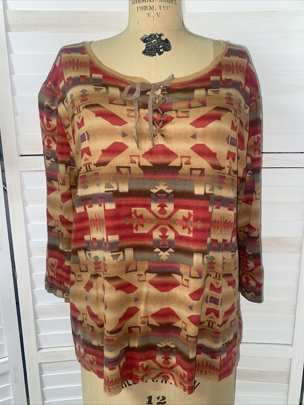 Chaps Denim 3/4 Sleeve Multi- Colored Aztec Print Cotton Shirt Women's Sz 3XL